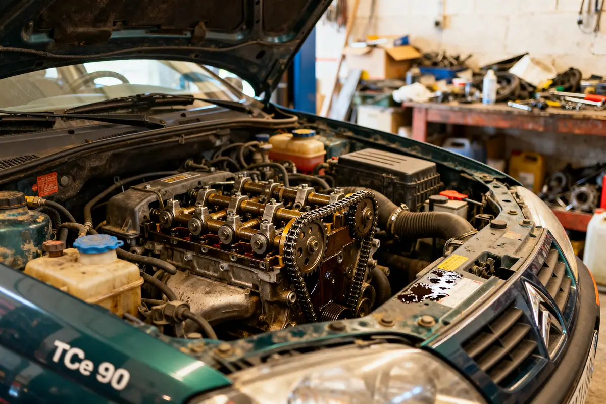 Capot ouvert montrant un moteur TCe 90 en révision pour évaluer sa durée de vie
