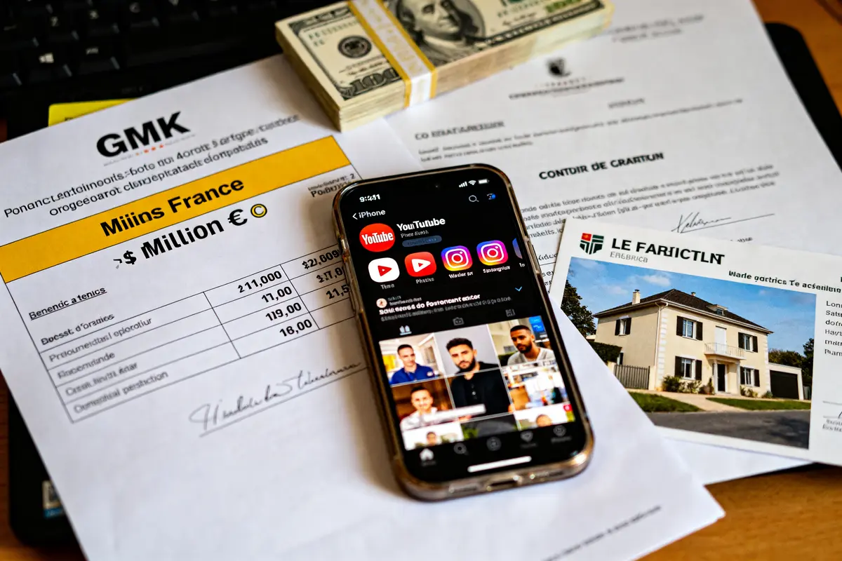 iPhone, documents financiers, maison et billets illustrent la fortune de GMK en millions