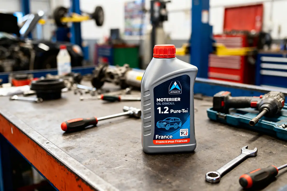 Bouteille d'huile moteur 1.2 PureTech sur établi de garage avec outils et équipements mécaniques