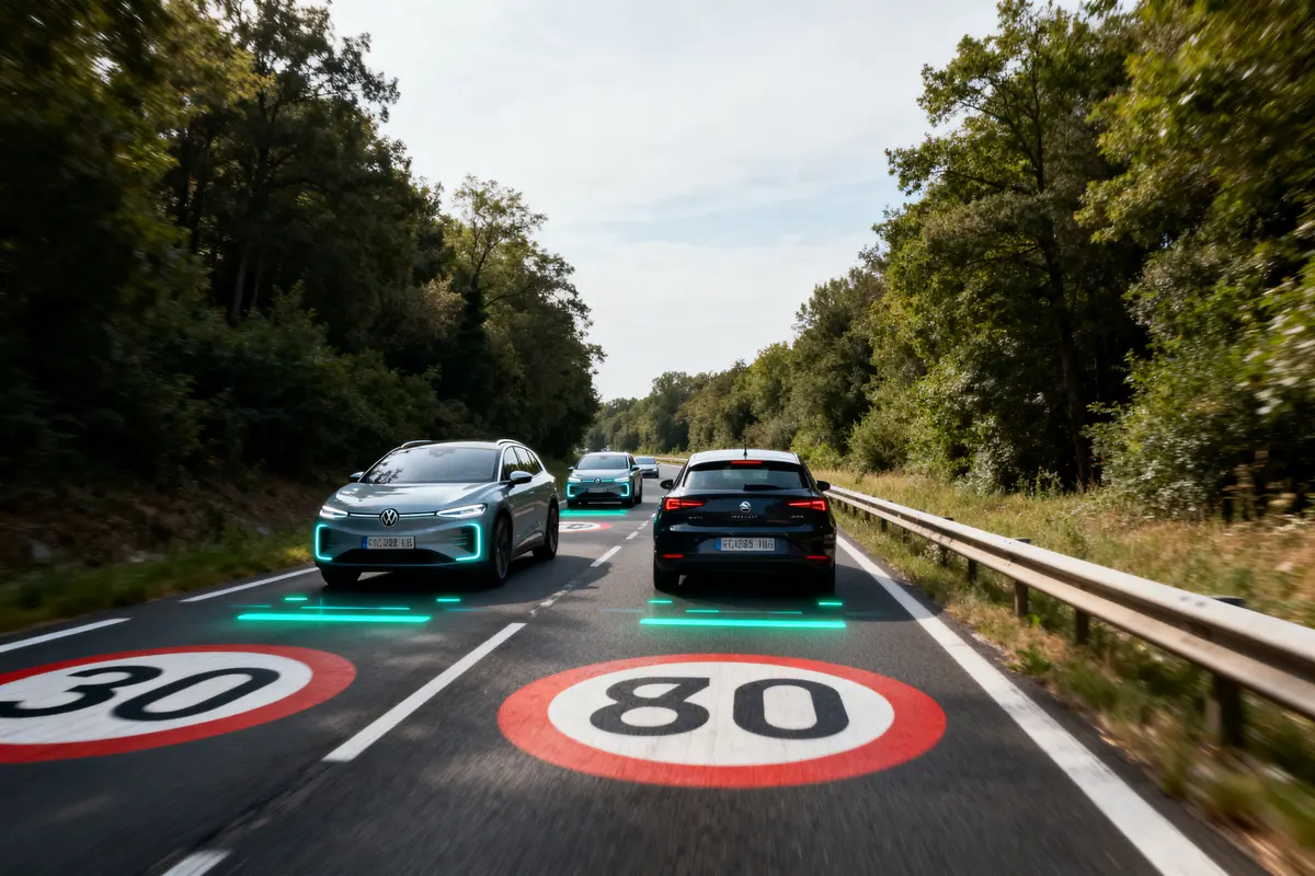 Trois voitures autonomes respectant les limitations de vitesse en 2025 sur route boisée