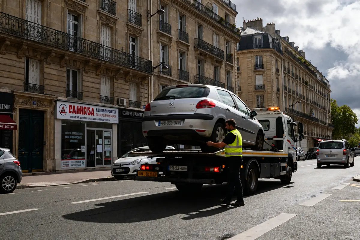 Voiture grise enlevée par dépanneuse pour mise en fourrière sans PV à Paris
