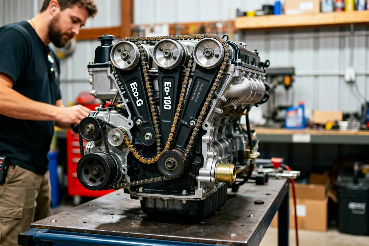 Technicien ajustant l'entretien d'un moteur Eco-G 100 fiabilité sur établi en atelier mécanique.