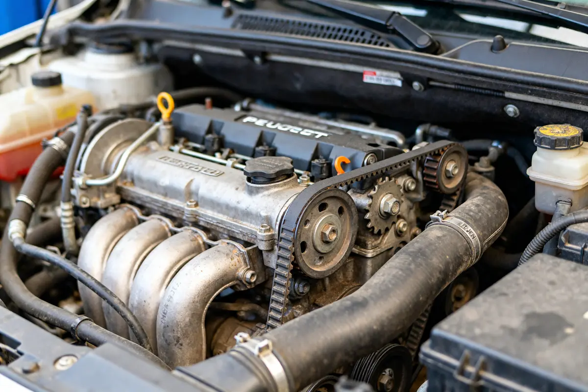 Vue rapprochée du moteur de Peugeot à éviter avec courroies et composants visibles