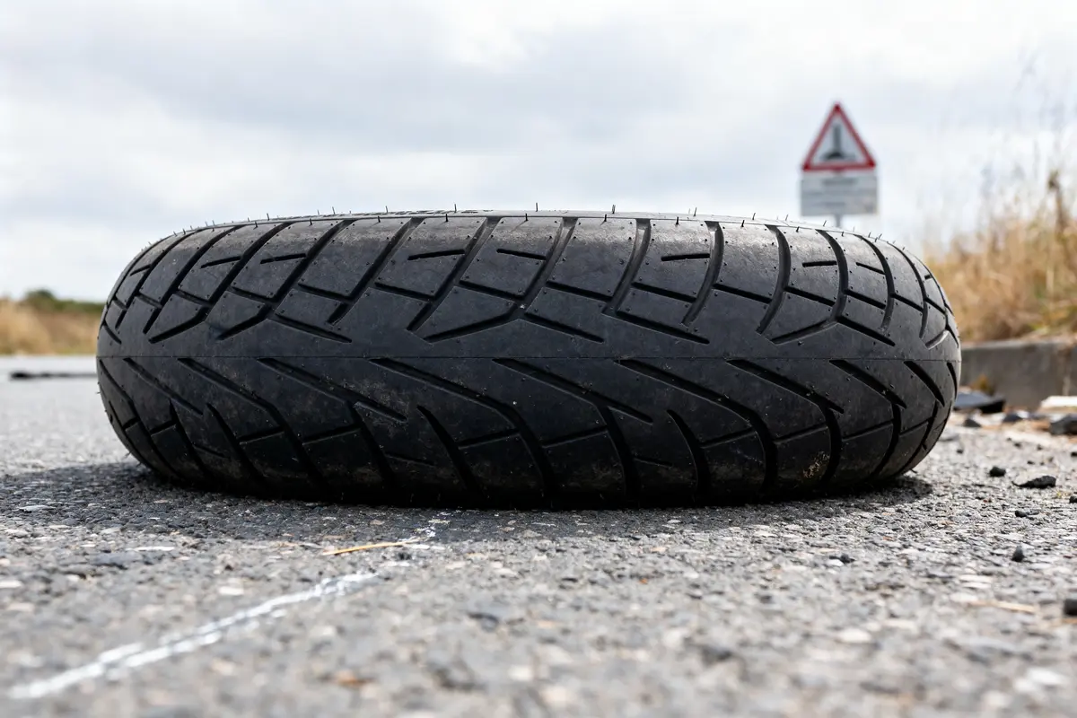 Pneu pas cher pour moto posé sur route avec panneau d'avertissement en arrière-plan