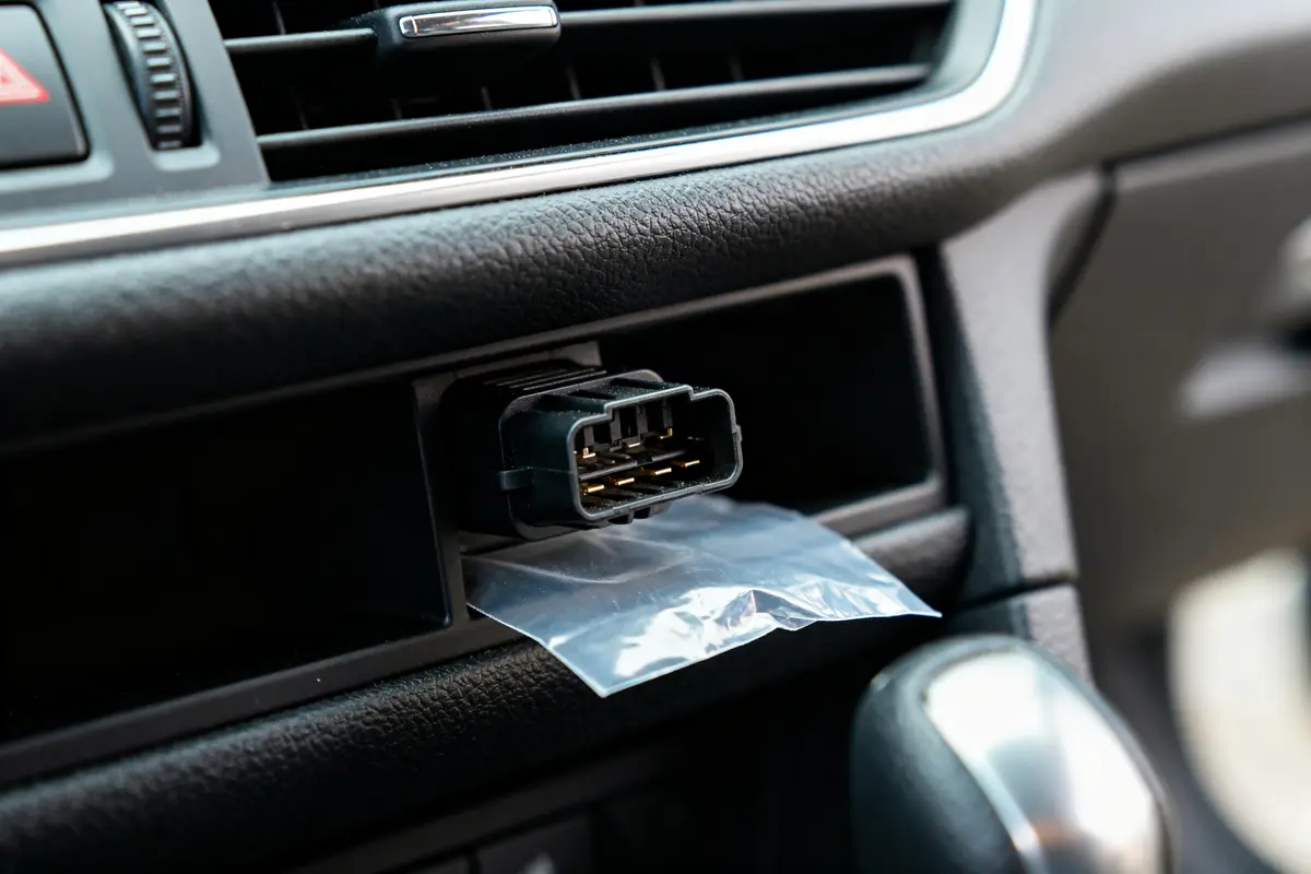 Prise OBD 308 insérée sur tableau de bord voiture avec sachet plastique protecteur