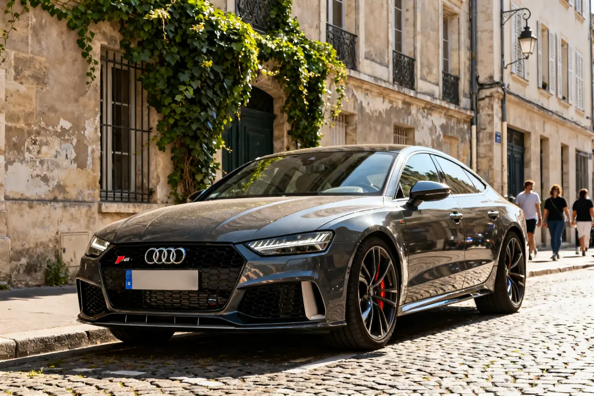 Audi RS7 auto grise stationnée sur rue pavée avec bâtiments en arrière-plan