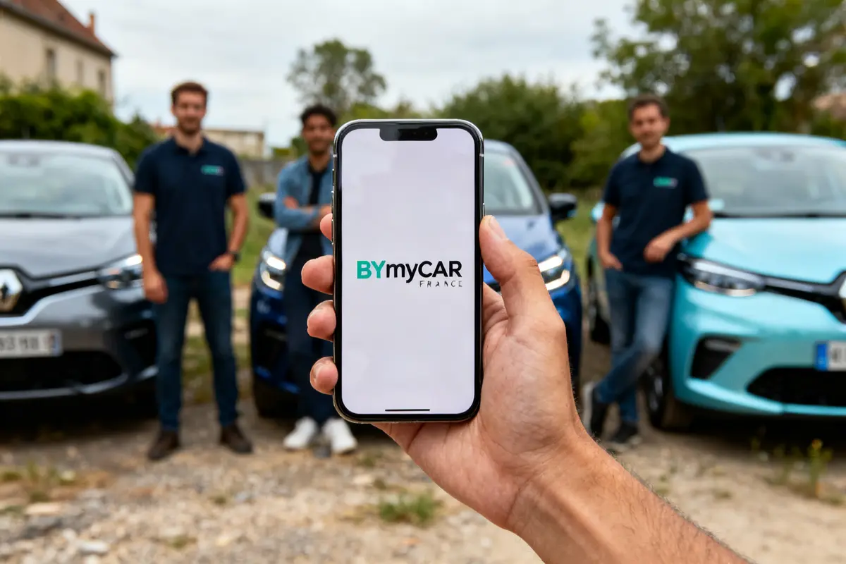 Smartphone affichant le logo BYmyCAR devant trois voitures et leurs conducteurs flous