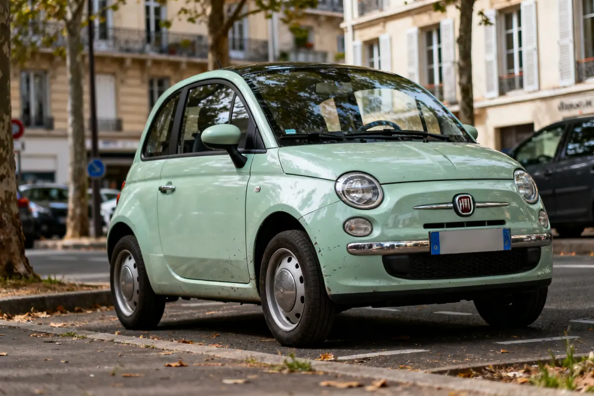 Voiture Fiat sans permis verte garée sur une rue urbaine bordée d’arbres