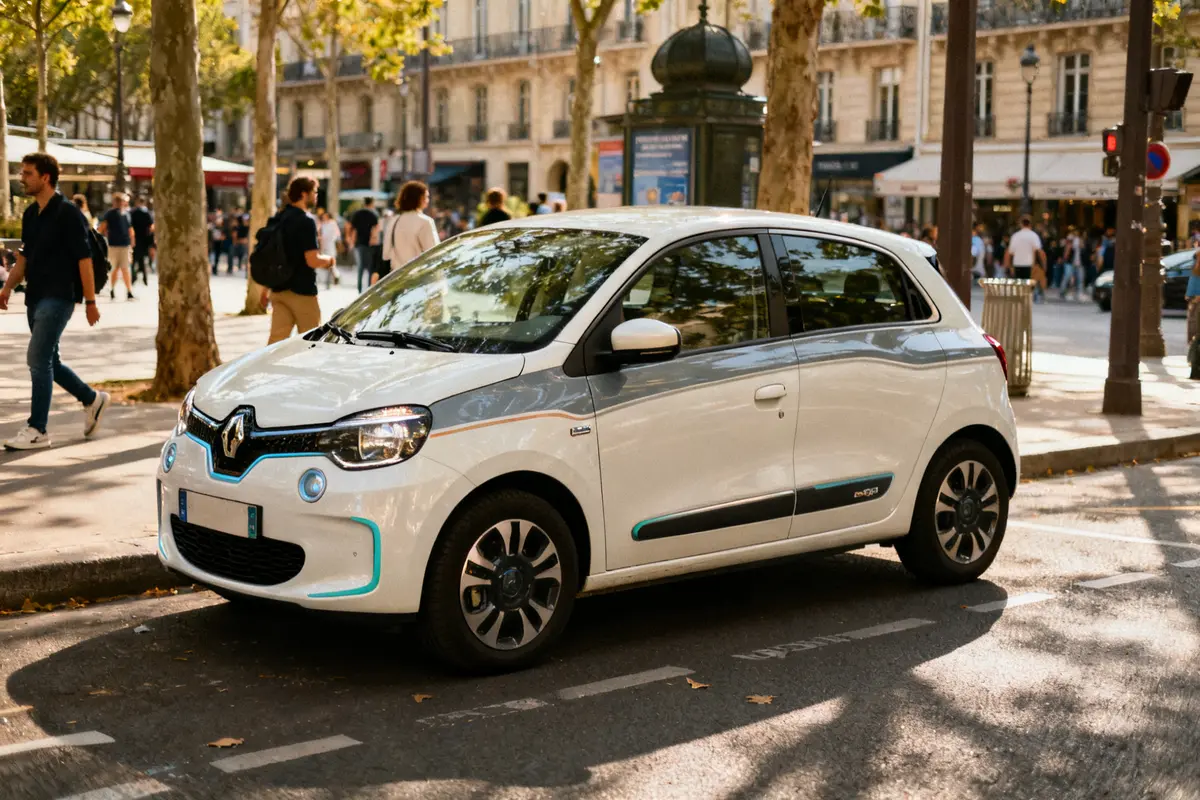 Voiture Twingo électrique blanche stationnée dans une rue animée entourée de passants et d'arbres