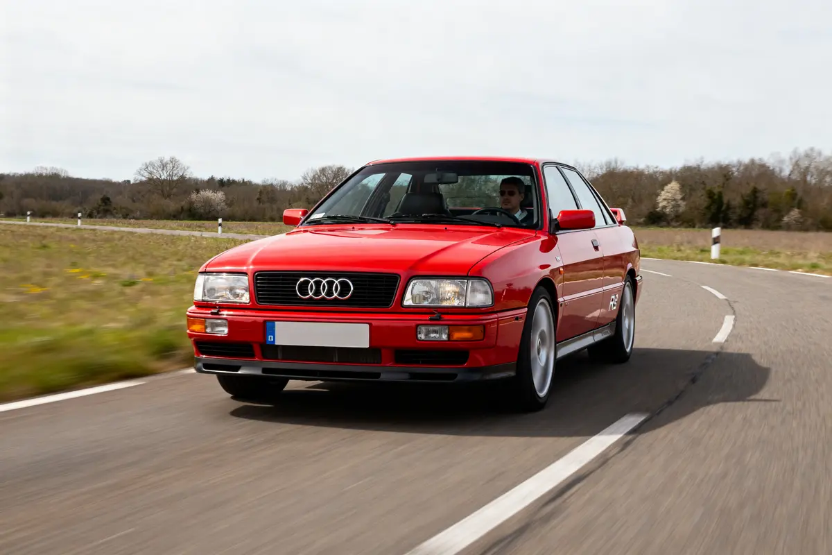 Voiture rouge Audi RS2 Avant roulant sur une route de campagne sinueuse