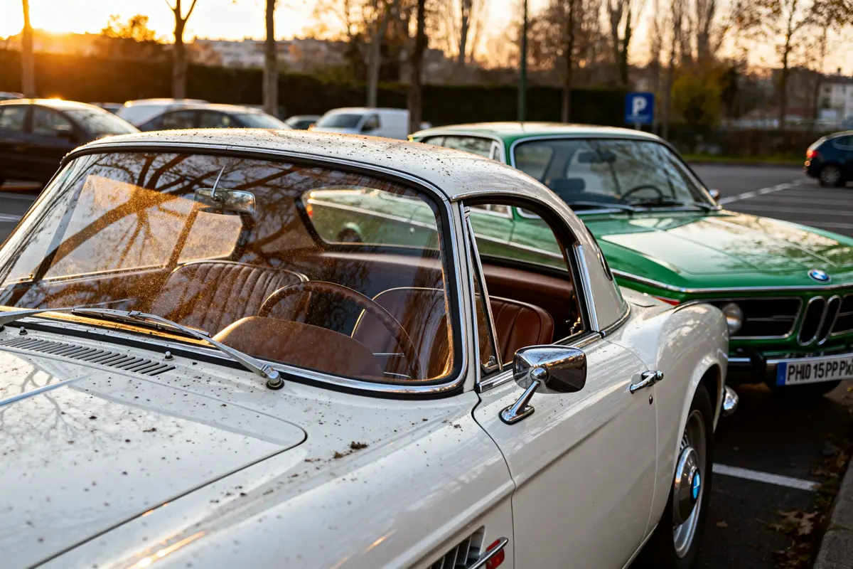 BMW ancienne blanche et verte garées à l'extérieur au coucher du soleil