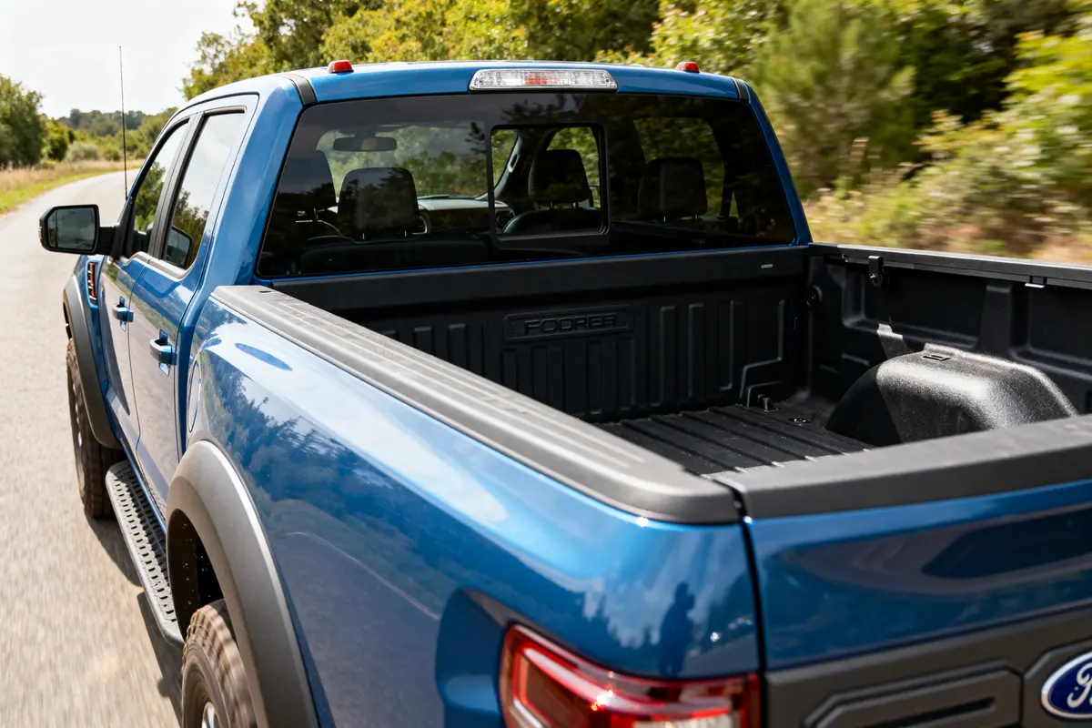 Vue arrière d'un Ford Raptor cab bleu roulant sur route arborée.