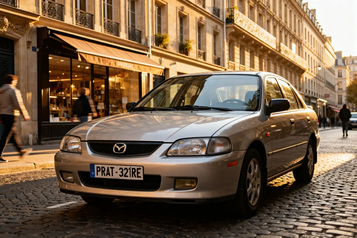Mazda 323 Protegé argentée garée dans une rue pavée ensoleillée devant des boutiques