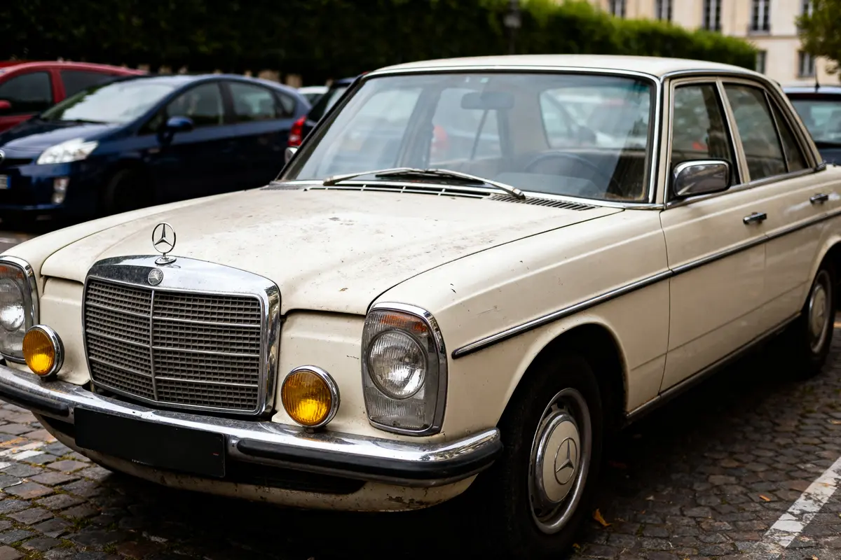 Vieille Mercedes ancienne beige garée dans la rue avec des phares jaunes