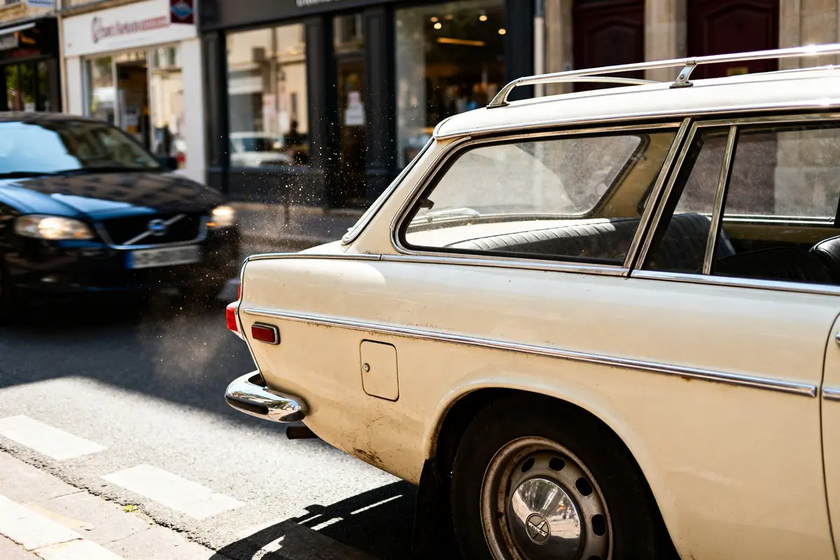 Vue latérale d'un P1800 Volvo wagon blanc en ville avec circulation fluide.