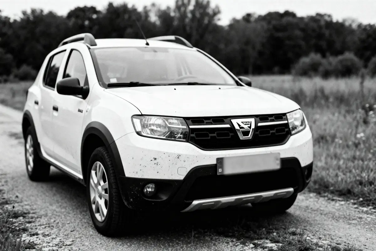 SUV blanc sur route de campagne arborée, avec logo Dacia visible sur la calandre