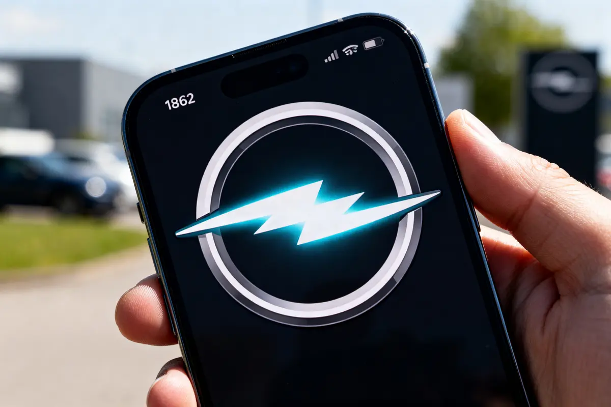 Smartphone affichant le nouveau logo Opel éclair bleu, tenu par une main