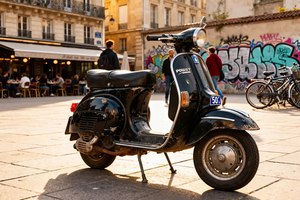 Scooter Peugeot 50CC vintage stationné devant café et mur graffitis en ville vibrante