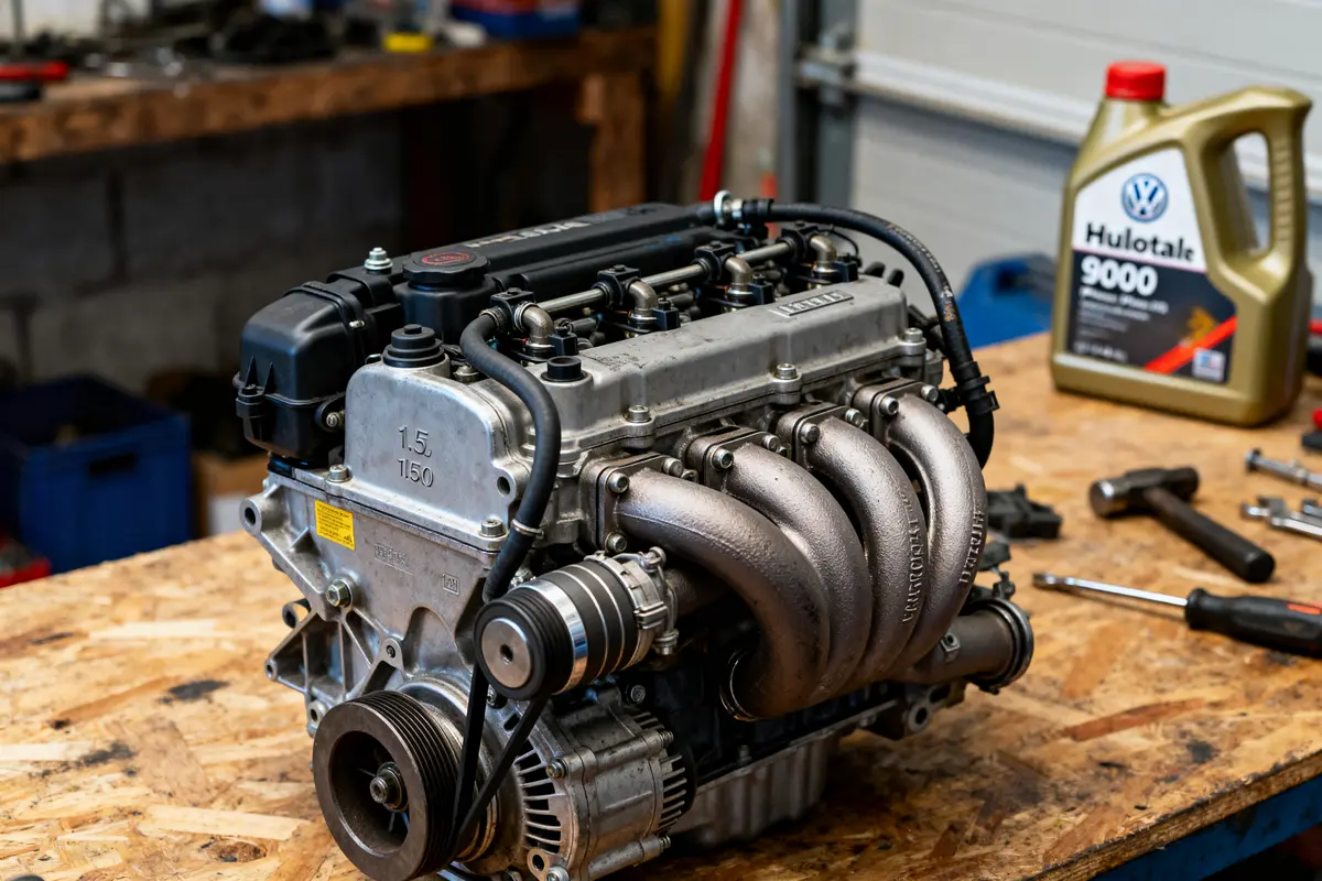 Moteur 1.5 TSI 150 avec outils et bidon d'huile, fiabilité examinée en atelier mécanique