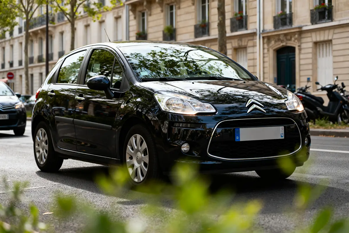 Citroën C3 de 2012 noire stationnée dans une rue bordée d'arbres