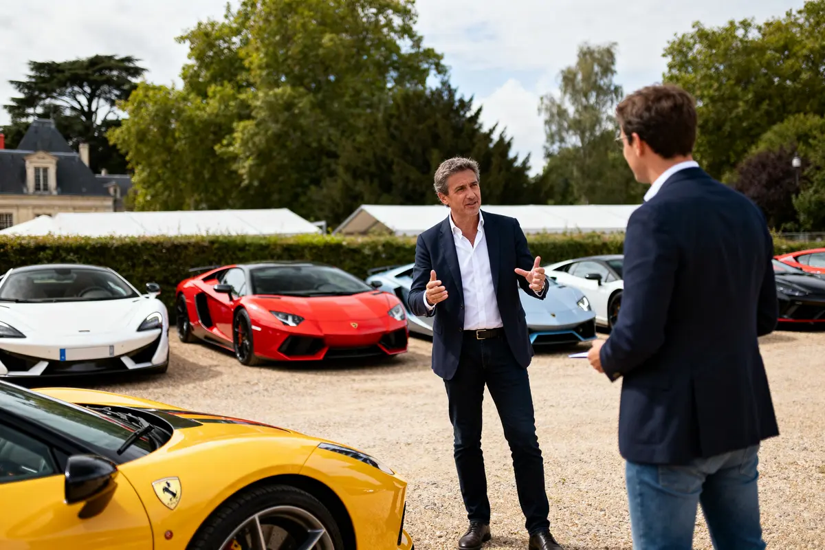 Homme discutant devant collection de supercars en France, voitures de luxe exposées dehors