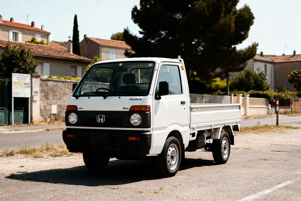 Camionnette blanche Honda Acty garée devant des maisons sous un ciel ensoleillé