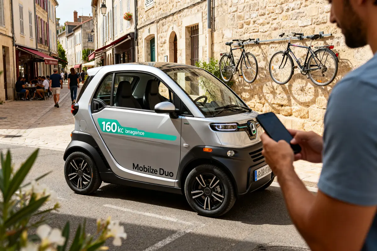 Voiture électrique Mobilize Duo grise stationnée dans une rue pittoresque avec deux vélos.