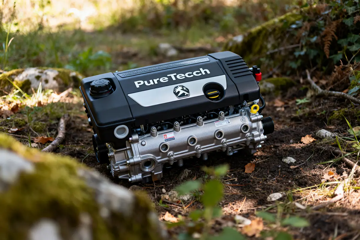 Moteur PureTech posé au sol, entouré de nature, prêt à l'installation automobile