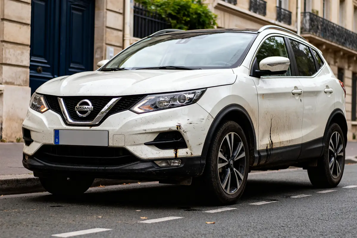 Vue d'un Nissan Qashqai blanc usé, examiné pour repérer les modèles de Nissan Qashqai à éviter