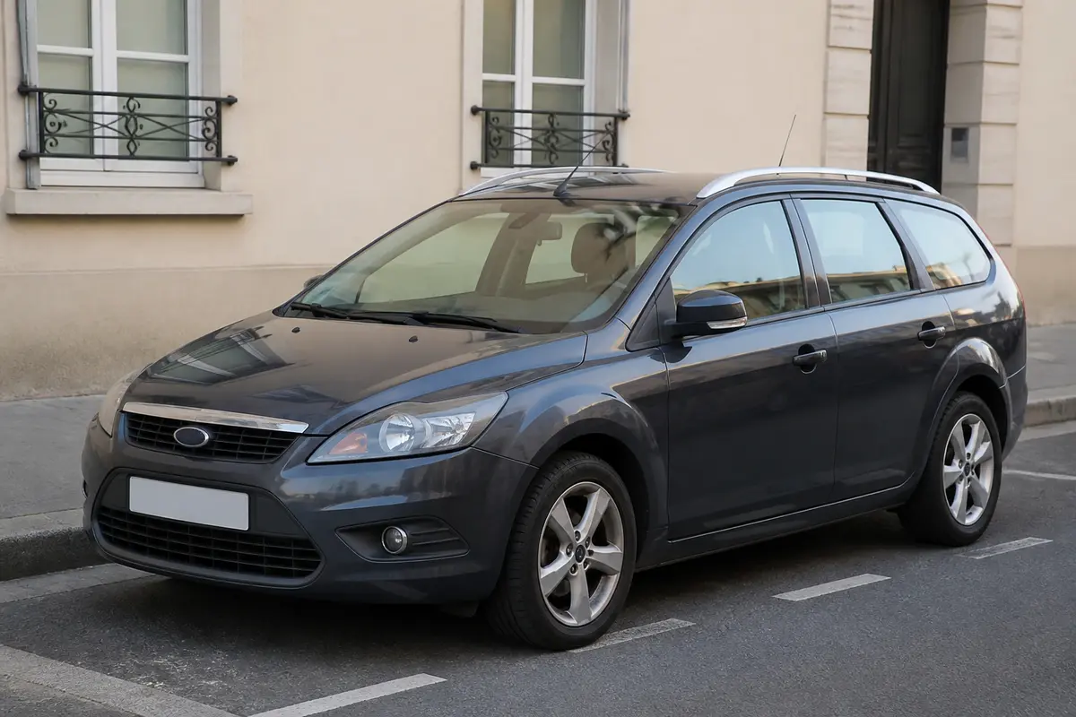 Voiture break grise stationnée sur une rue urbaine, près d'un bâtiment beige avec fenêtres.
